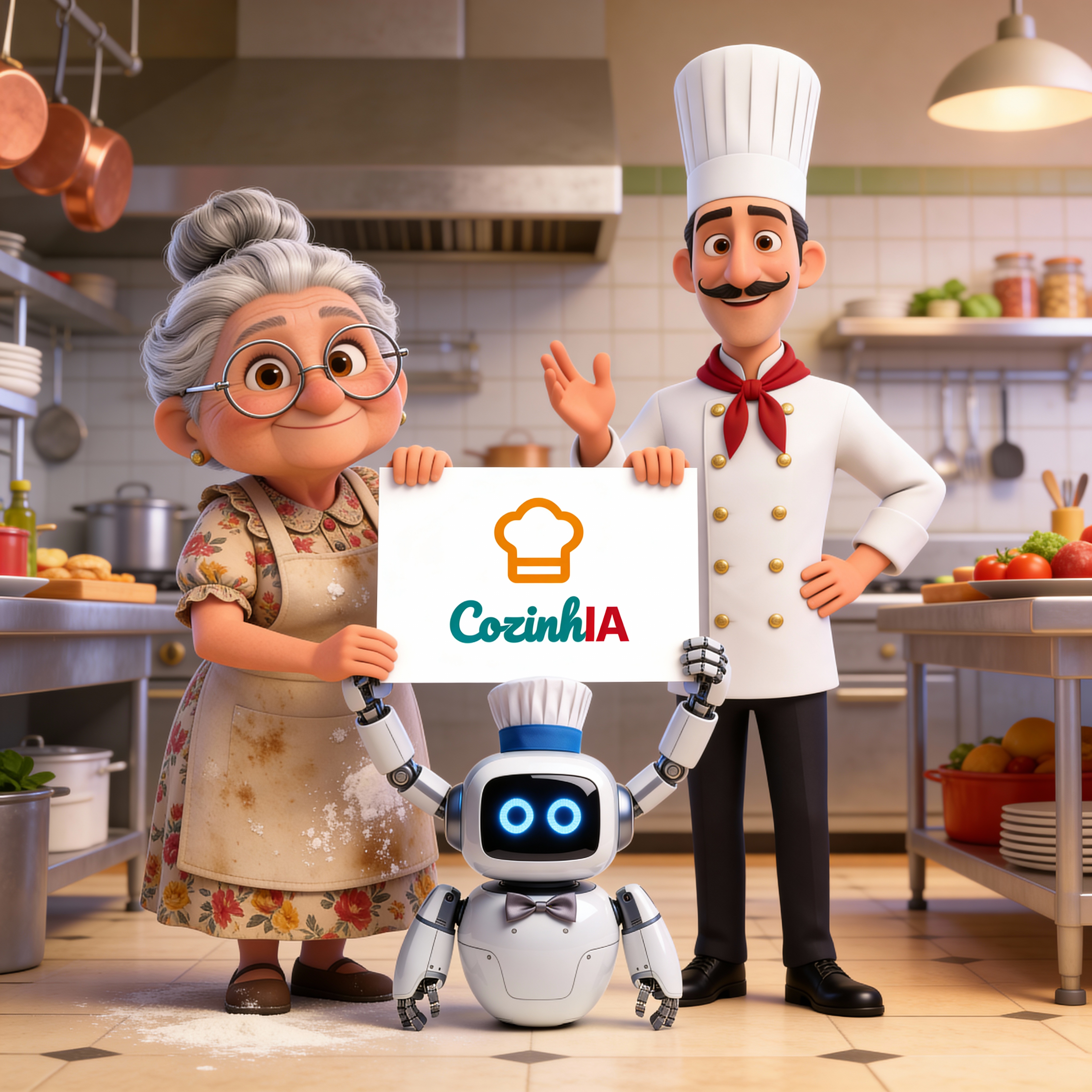 Personagens de desenho animado, uma avó, um chef e um robô, segurando um cartaz do CozinhIA